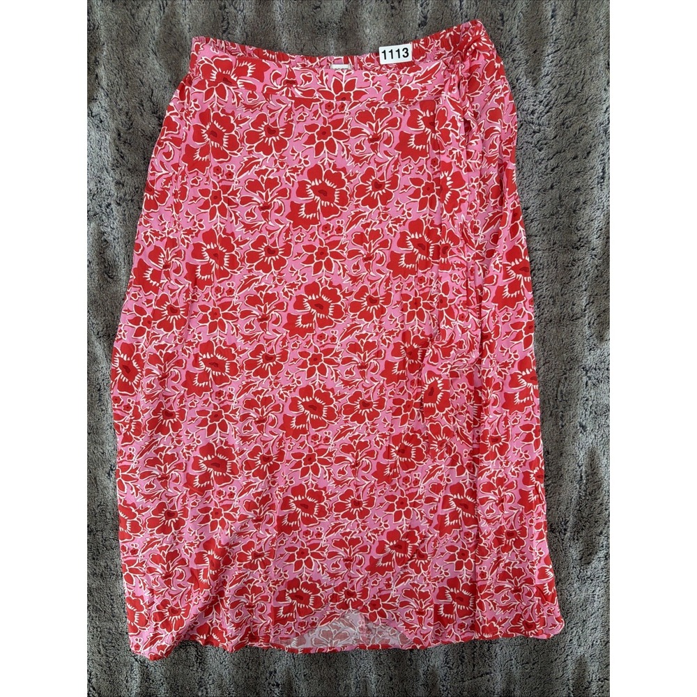 J. Crew Skirt Women's M Floral Midi Wrap Tropical Pink & Red Elastic Waist